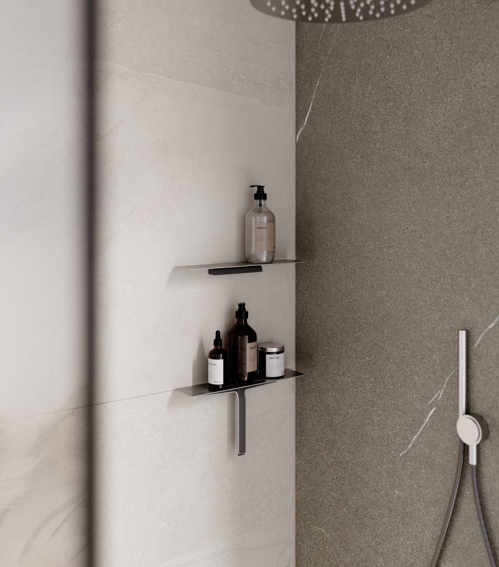 Unidrain_reframe collection_Soap shelf_solo_soap shelf w wiper_l shower_hand polished close up