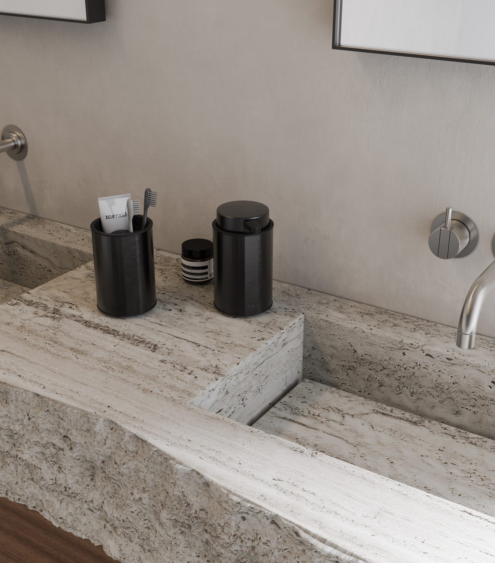 Unidrain_reframe collection_soap dispenser_tooth brush holder_stone_black_closeup