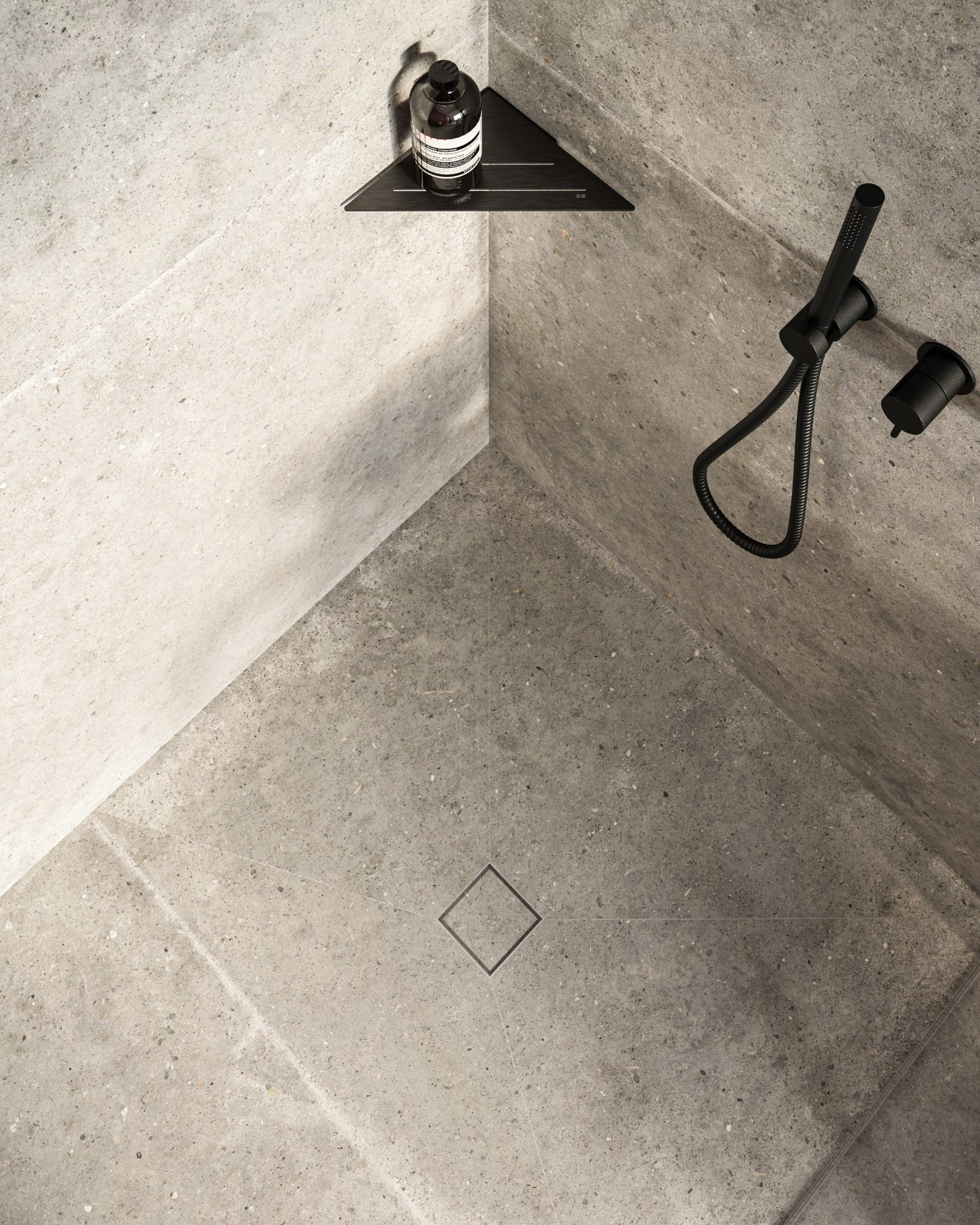 kvadrat_custom 10x10_violet bathroom_reframe corner soapshelf black